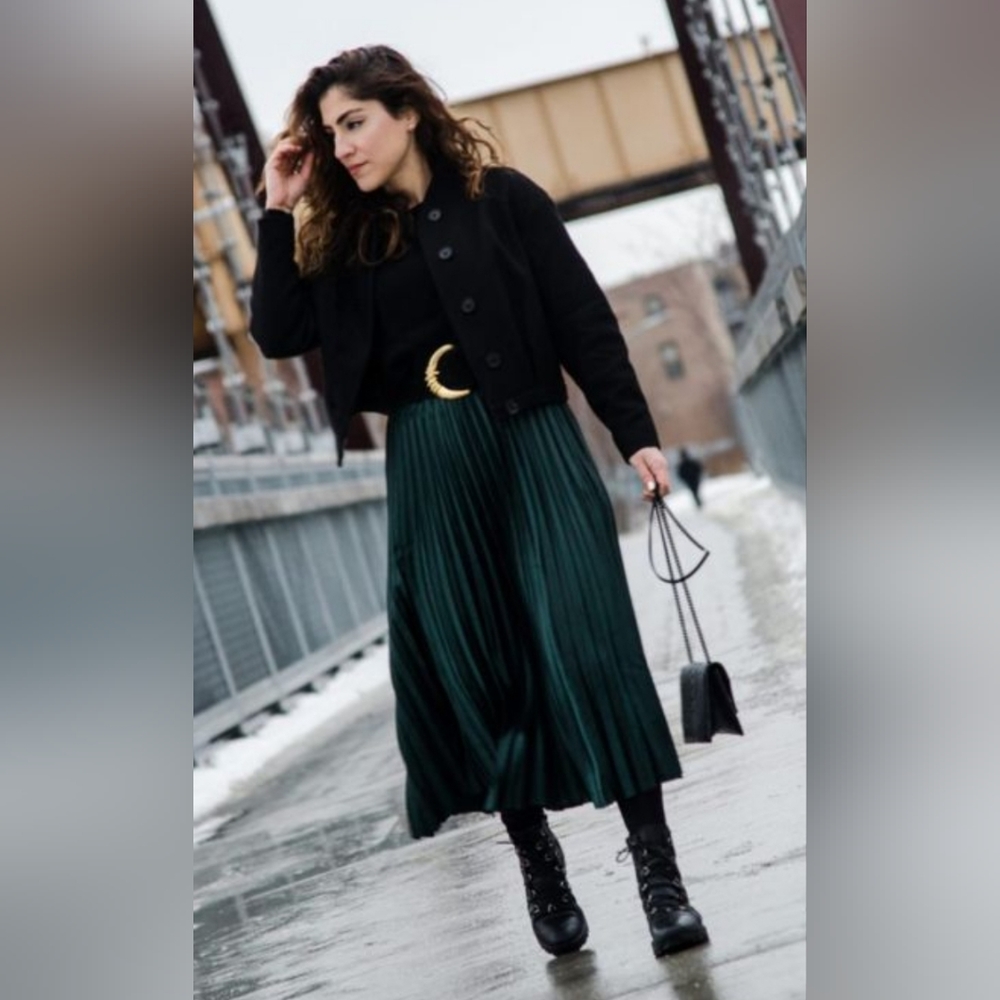 ZARA| Pleated Midi Skirt in Emerald Green